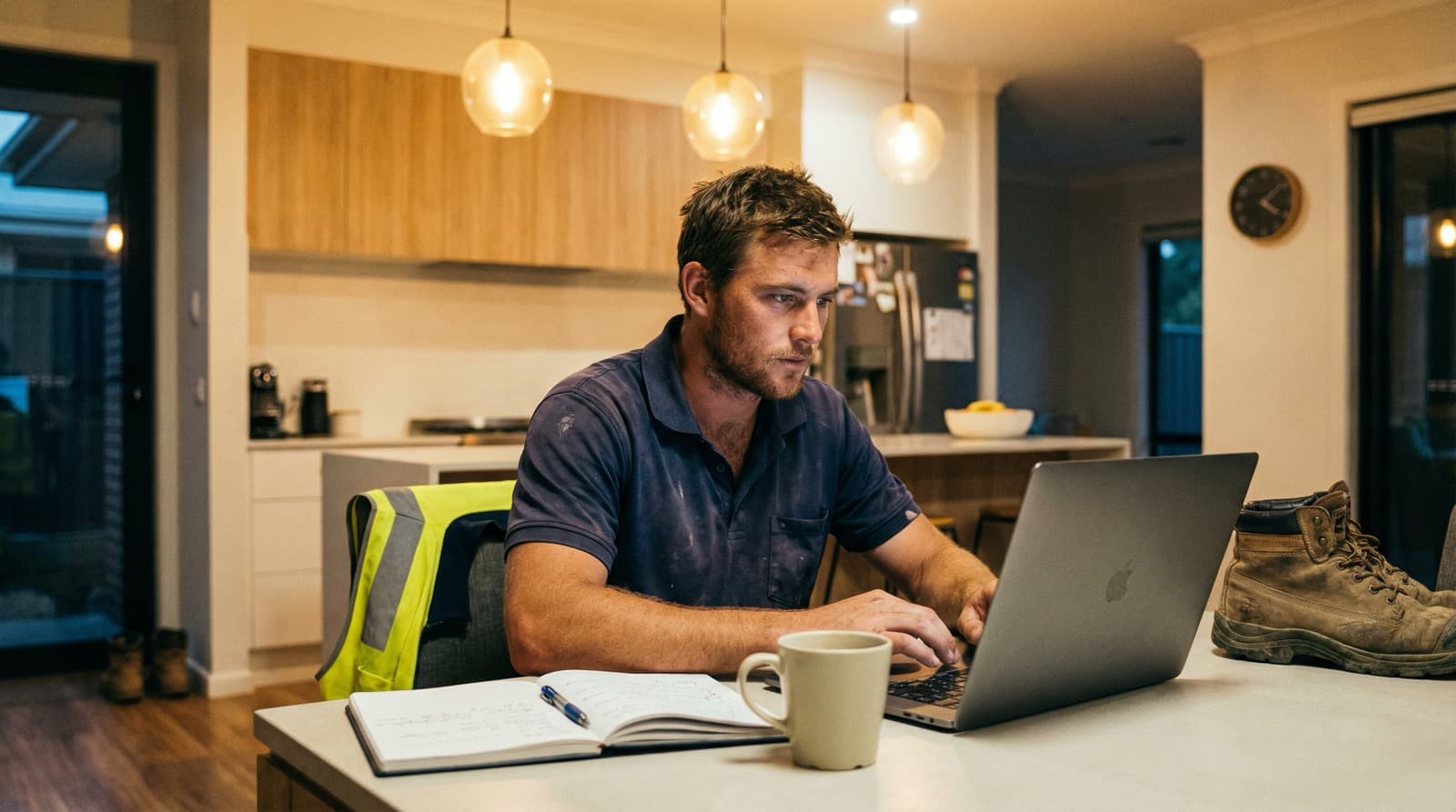 Young Australian tradesman studying on a laptop at home after work
